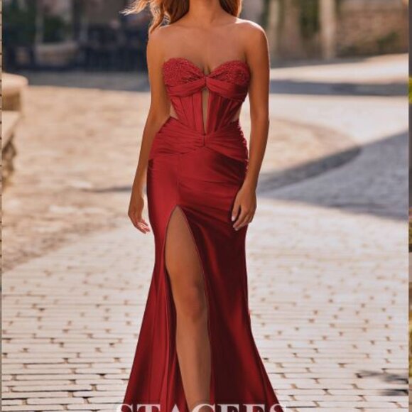 Trumpet/Mermaid Sweetheart Silk Satin Sweep Train Prom Dress with Beading & slit - Picture 5 of 6